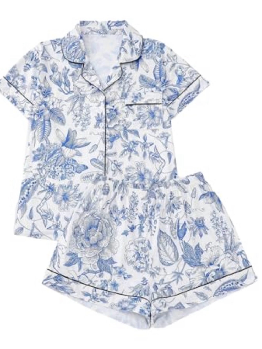 Blue Willow Pattern Bridal Wedding Preppy Satin Floral Pajama Set S